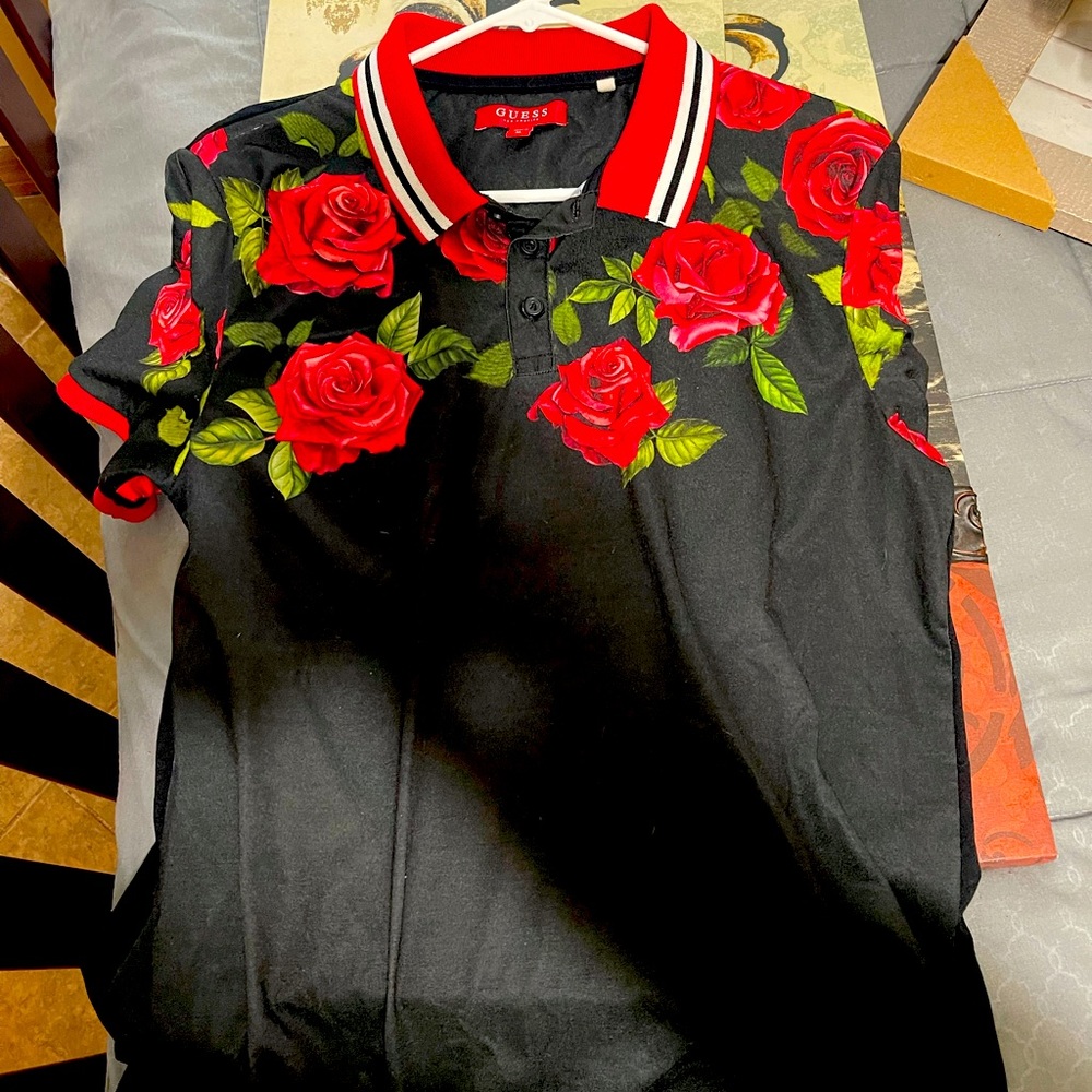 Guess black polo with roses.